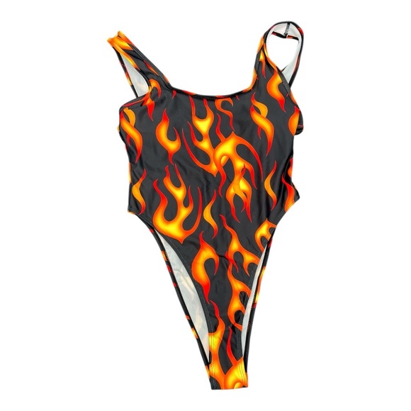 Flame Print One Piece Bodysuit Swimsuit Sleeveless High Cut Bikini Swimwear SM - Picture 1 of 11